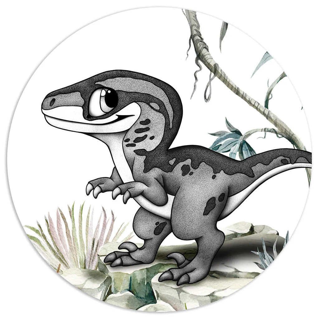Friendly baby raptor dinosaur, a hand-drawn nursery art piece using watercolor washes and fine-line detail.