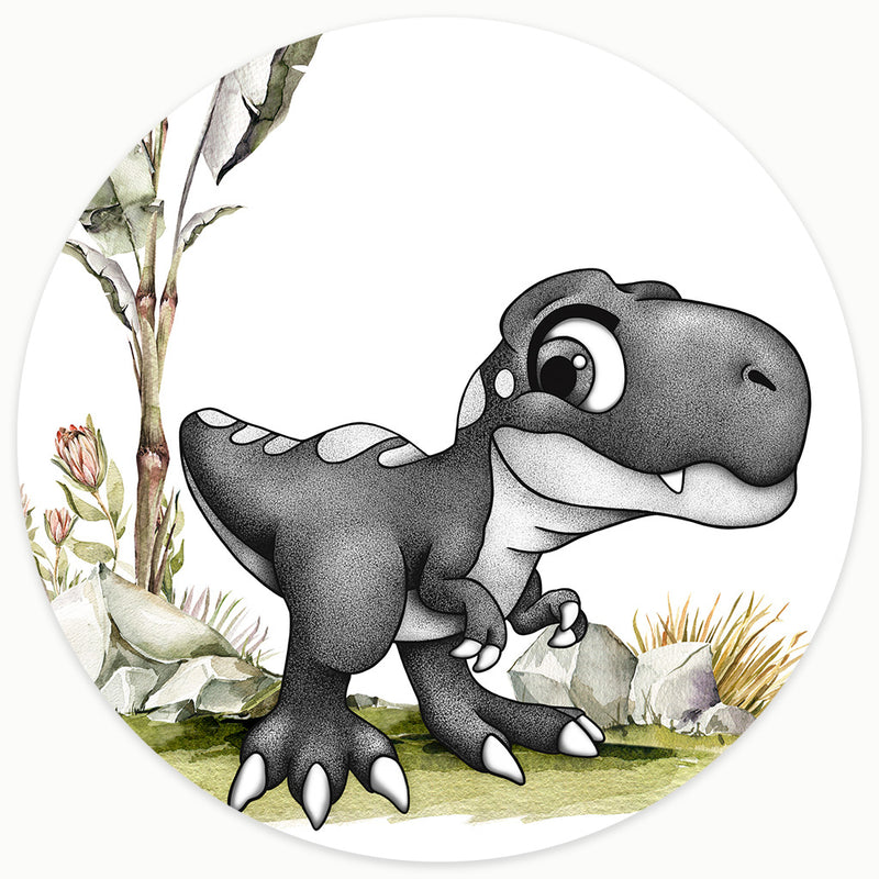Modern T-Rex nursery print featuring a hand-drawn baby dinosaur. Created with detailed black and white dot work and accented with soft watercolor rocks and desert plants.