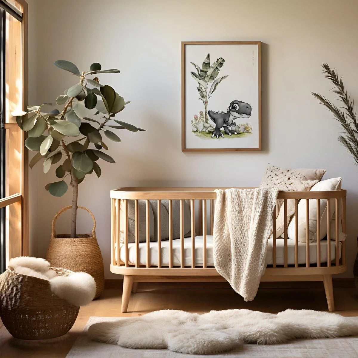 Whimsical baby T-Rex wall art hanging above a wooden crib in a neutral nursery with a potted fiddle leaf fig and sheepskin rug.
