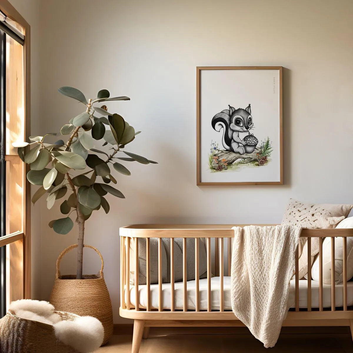 Minimalist baby squirrel art hanging above a wooden crib, gender-neutral woodland animal wall decor for a sophisticated nursery.