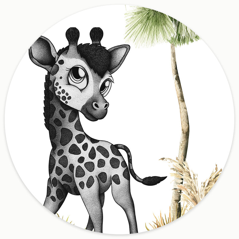 Modern baby giraffe nursery wall art featuring a hand-drawn illustration created with intricate black and white dots. Accented with soft watercolor acacia leaves and a tall tree, perfect for a modern safari-themed baby room.