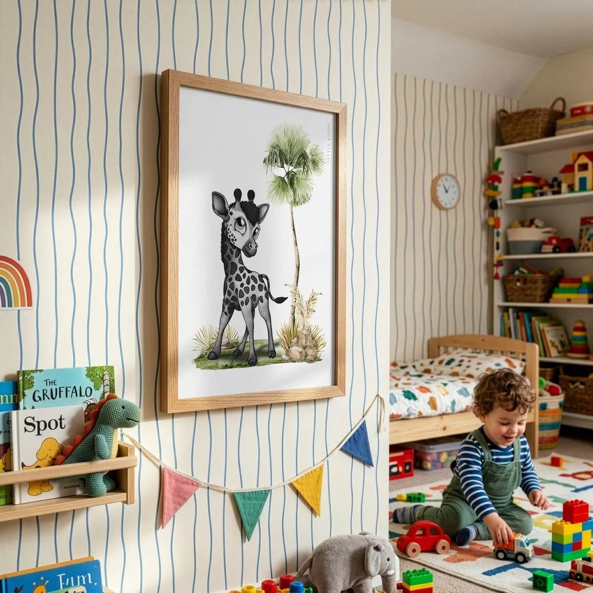 Giraffe animal adventure poster for kids, styled in a bright playroom with striped wallpaper, colorful bunting, and a toddler.