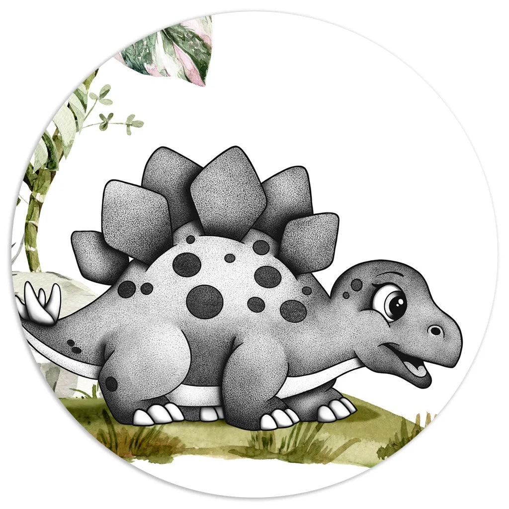 Watercolor nursery art of a baby stegosaurus dinosaur, a hand-drawn grayscale print with a soft, prehistoric background.