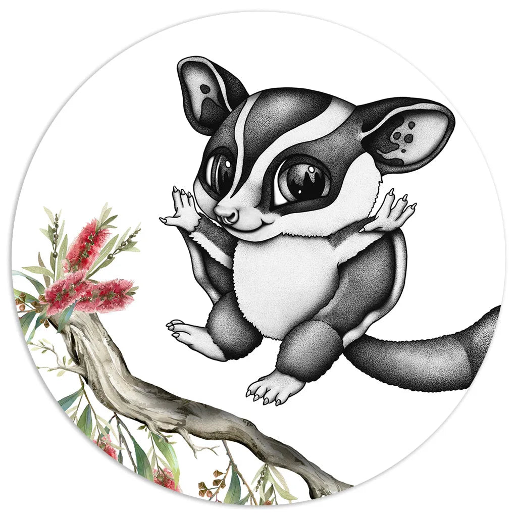 Intricate stippling art of a baby sugar glider, a hand-drawn Australian animal nursery print on a leafy branch.