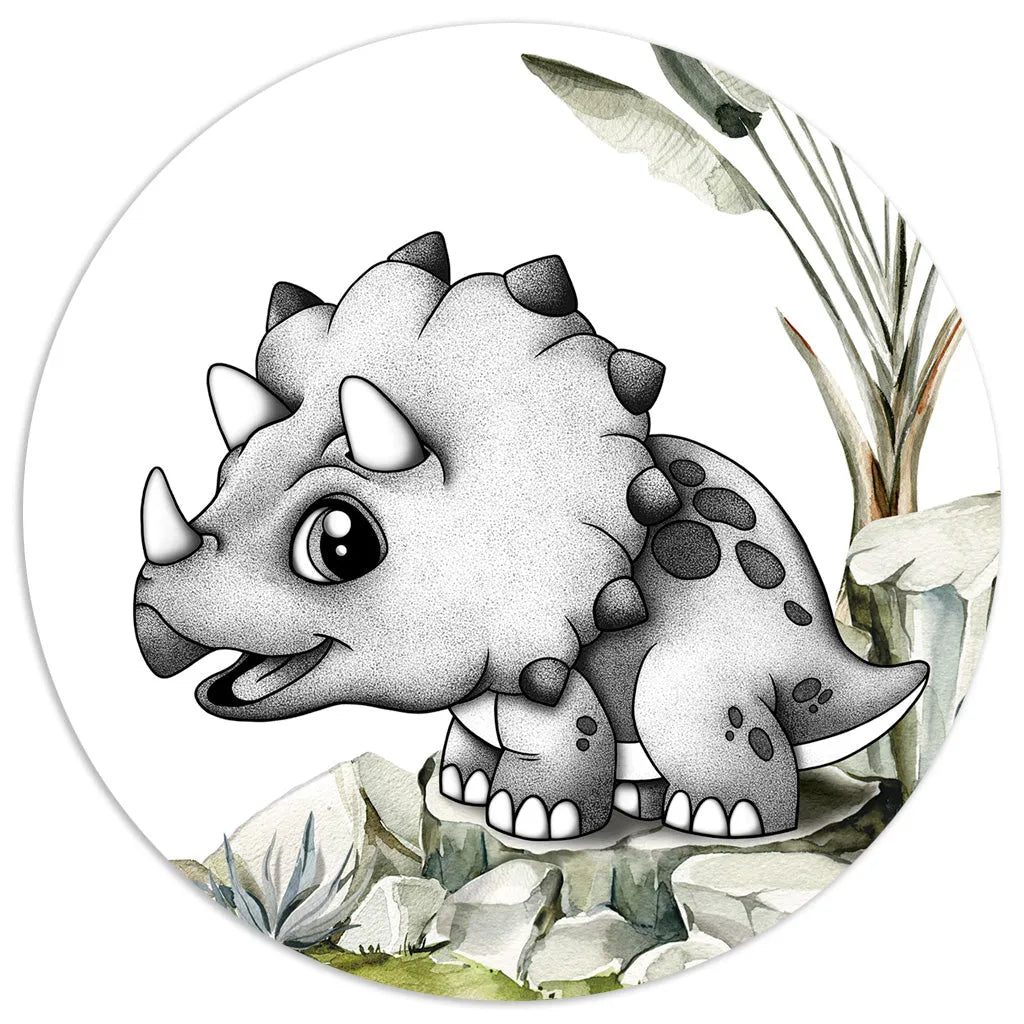 Sweet baby triceratops nursery art, featuring hand-drawn details and watercolor greenery for a dinosaur-themed nursery.