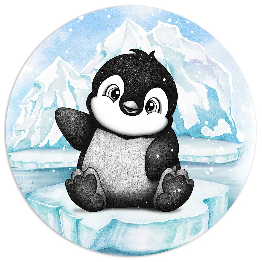 Hand-drawn baby penguin on ice, a watercolor nursery art piece in grayscale, perfect for a gender-neutral playroom.