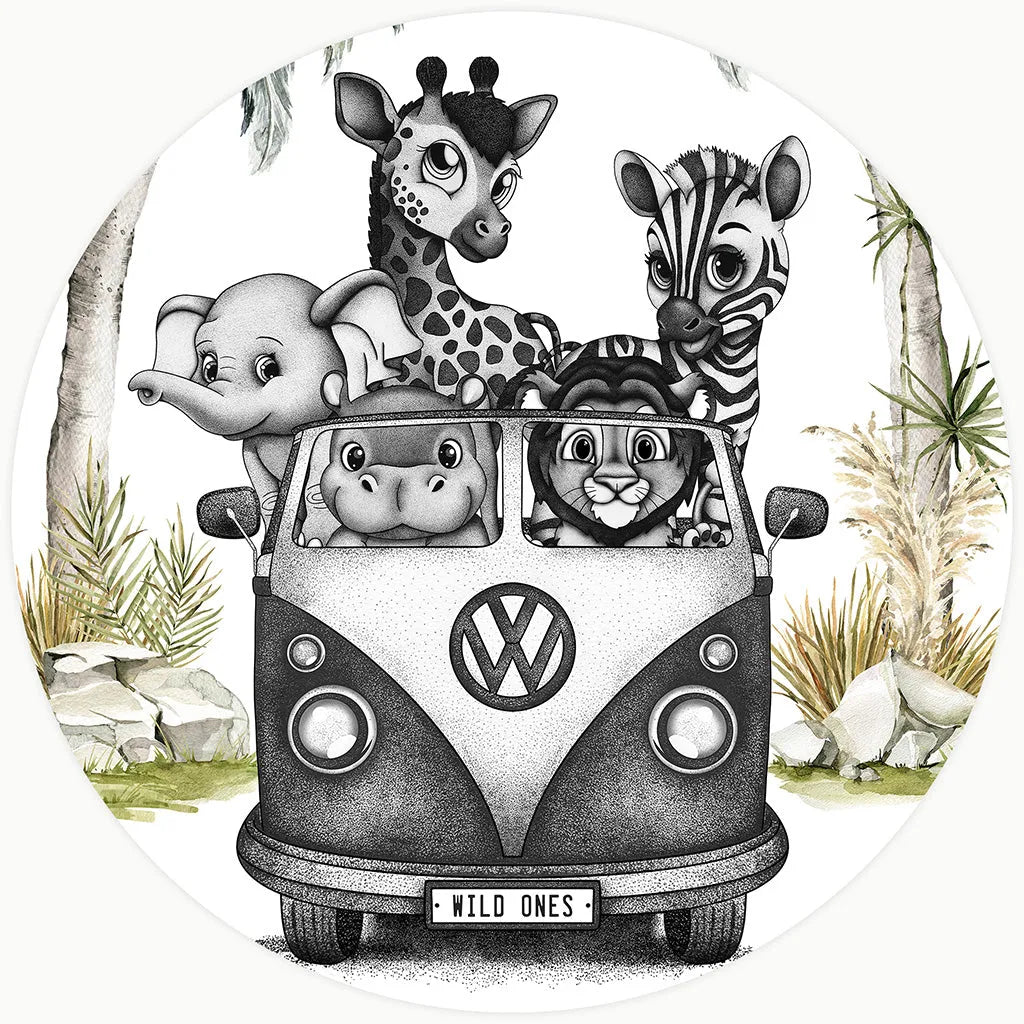 Black and white nursery decor featuring hand-drawn safari animals, including a giraffe, elephant, and lion, in a classic VW bus. Detailed dot-work illustration with a sophisticated aesthetic and subtle watercolor greenery for a modern baby’s room.